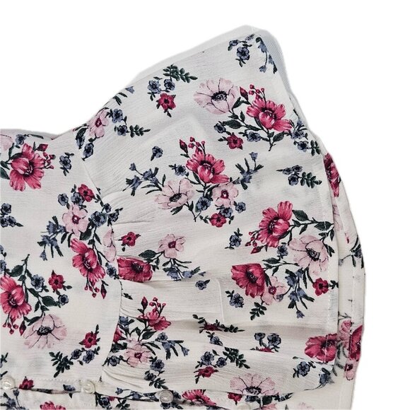 H&M Divided Shirt Womens 4 White Pink Floral Ruffle Peplum Button Front Top - Picture 4 of 8